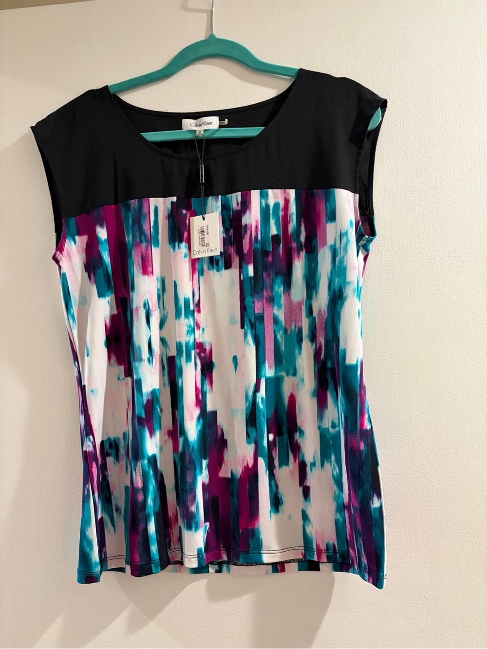 Calvin Klein Black Top with Teal, Purple & White Abstract Print
